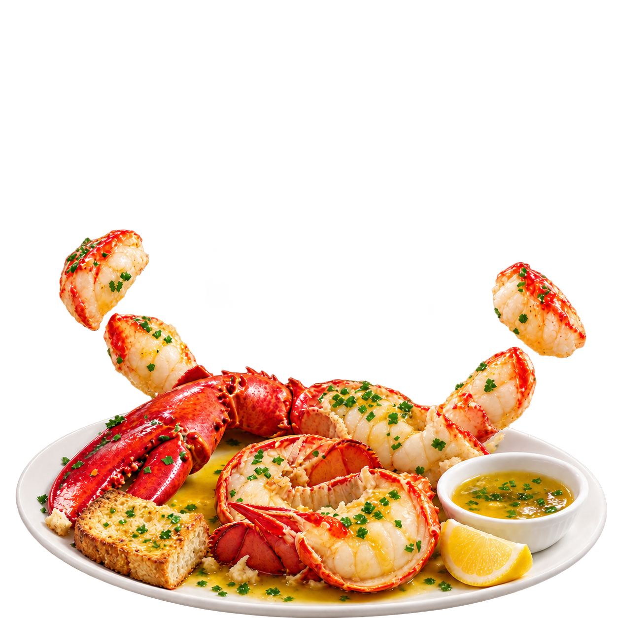 Buttered lobster platter and floating lobster pieces